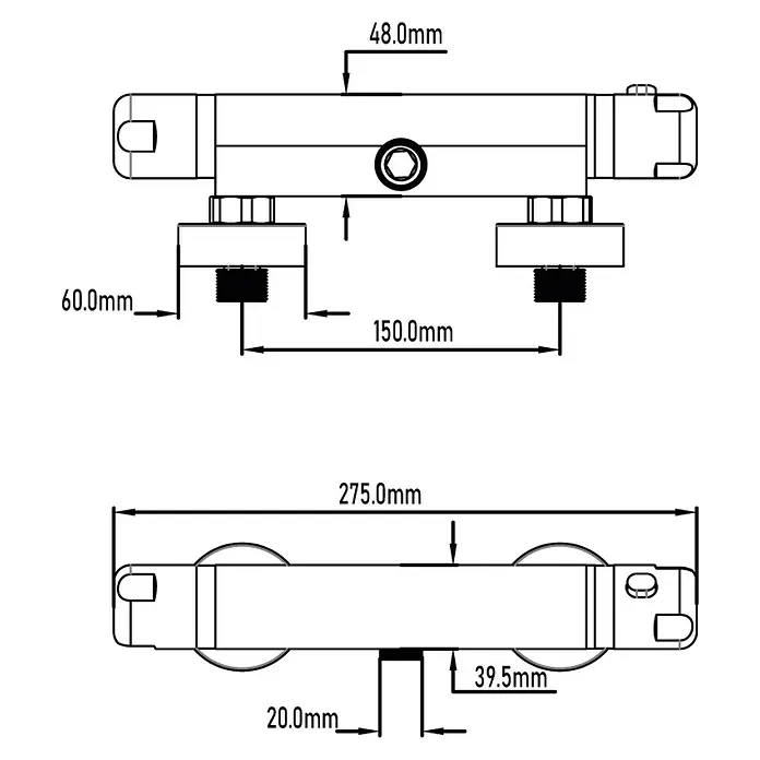 Universal de Grifería Sena Grifo con termostato - Ancho: 27,5 cm, Cromo, Resplandeciente - Croquis de un conjunto de rodillos para puertas correderas con dimensiones precisas para el montaje.