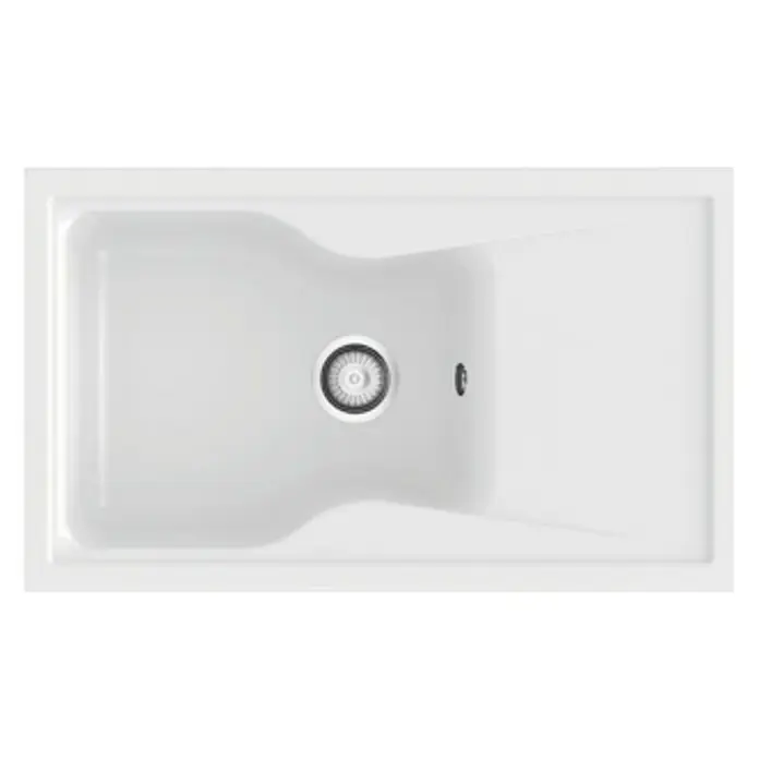 Poalgi Fregadero encastrable City 321 - 51 x 86 cm, Material compuesto, Blanco - Un fregadero rectangular en blanco, con un desagüe en el centro de la cubeta principal y una superficie elegante.