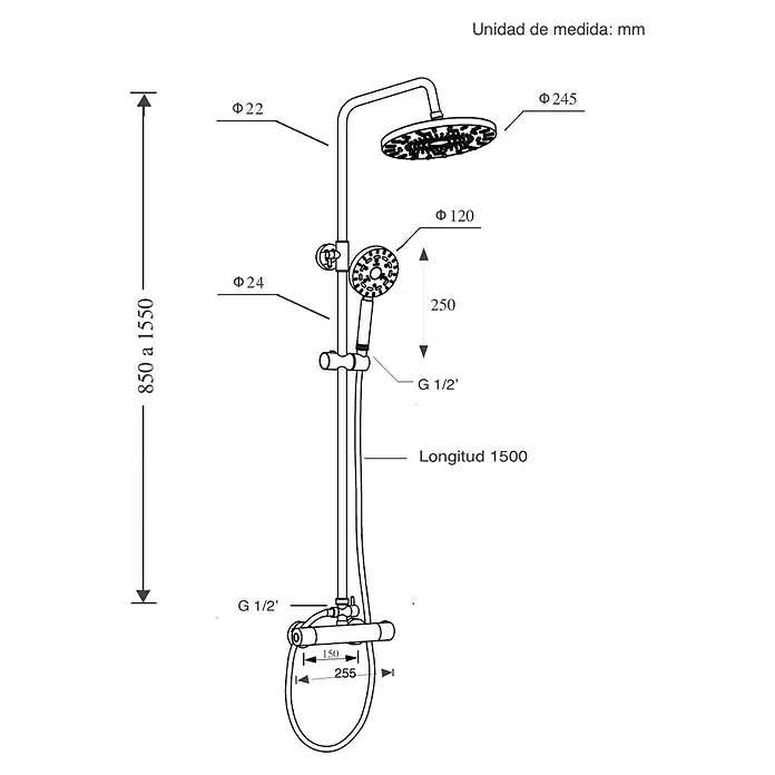 Universal de Grifería Sistema de ducha Nava - Con grifo termostático, Cromo - Dibujo dimensionado de un conjunto de ducha que muestra medidas y detalles, incluyendo diámetro y longitud para especificaciones de instalación.