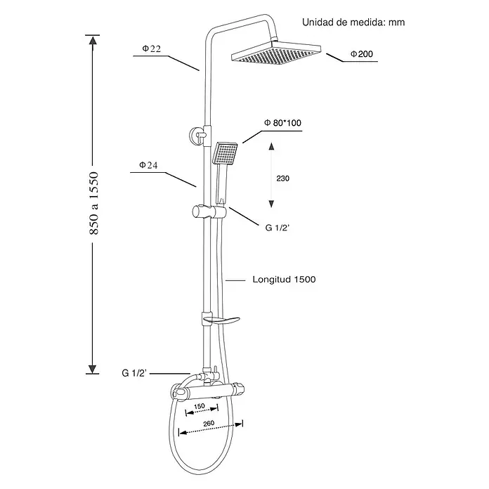 Universal de Grifería Sistema de ducha Ponte - Con grifo termostático, Cromo - Dibujo técnico de un juego de ducha con dimensiones para diámetros de tuberías, distancias y longitud total en milímetros.