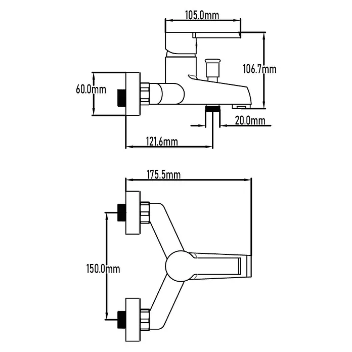 Universal de Grifería Danubio Grifo monomando de bañera - Cromo, Brillante - Dibujo técnico de un grifo de bañera de pared con dimensiones. El grifo tiene un caño y dos manijas para el control de la temperatura.