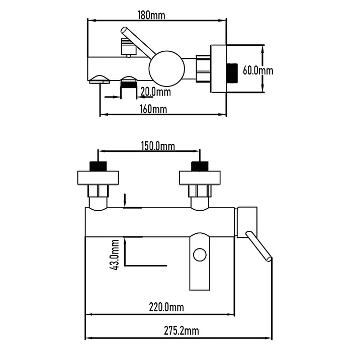 Universal de Grifería Loira Grifo monomando de bañera - Cromo, Brillante - Dibujo técnico detallado de un grifo con medidas precisas en milímetros, ideal para planos de instalación.