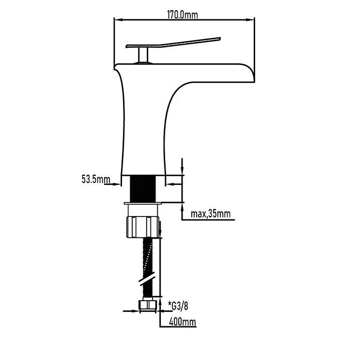Universal de Grifería Grifo de lavabo Virginia - Cromo, Brillante - Diagrama de un grifo, detallando las medidas de instalación, incluyendo longitud (170 mm), altura (53.5 mm) y grosor máximo (35 mm).