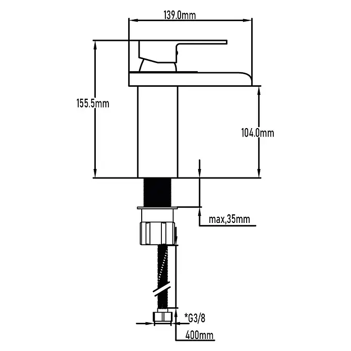Universal de Grifería Grifo de lavabo Poveda - Cromo, Brillante - Esquema de un grifo con dimensiones de 139.0mm de ancho, 155.5mm de altura, 104.0mm de proyección y una distancia máxima de 35mm.