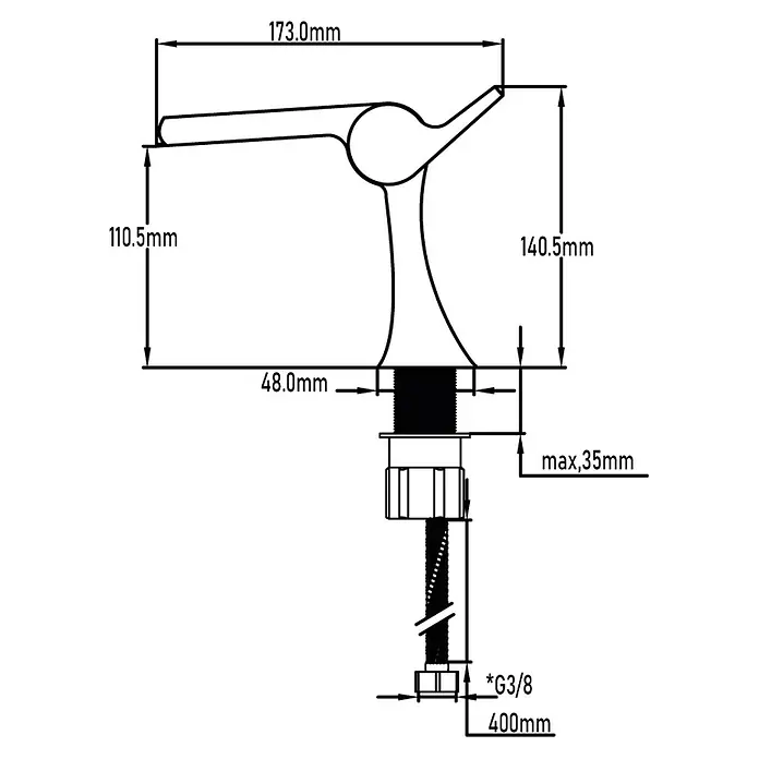 Universal de Grifería Grifo de lavabo Angel - Cromo, Brillante - Diagrama dimensionado de un grifo de cocina que muestra su palanca, cuerpo y accesorios de montaje, con medidas de su tamaño general.