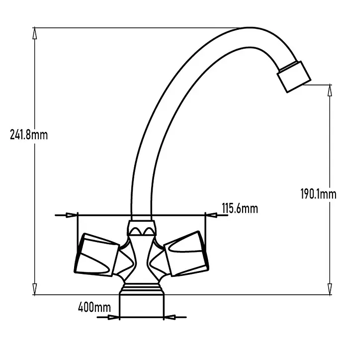 Universal de Grifería Grifo de cocina bimando Janeiro - Cromo, Brillante - Diagrama de un grifo con medidas que indican su altura, profundidad y el espaciamiento de sus manijas.