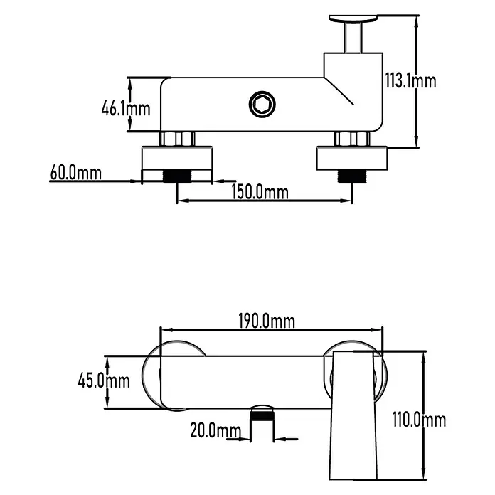 Universal de Grifería Amur Grifo monomando de ducha - Cromo, Brillante - Dibujo técnico de un grifo que muestra medidas. El boceto proporciona detalles sobre la altura, el ancho y la profundidad del modelo de grifo.
