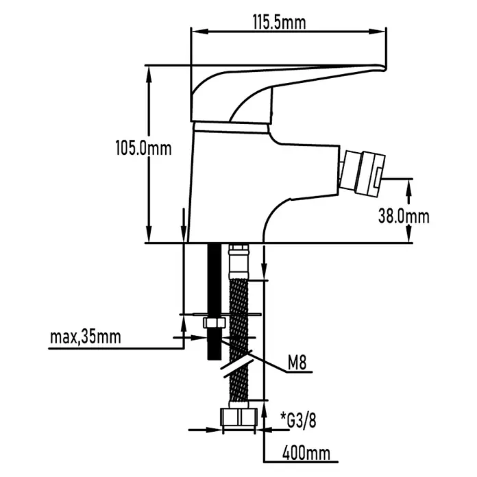 Universal de Grifería Nilo Grifo monomando de bidé - Cromo, Brillante - Diagrama del grifo de baño con todas las dimensiones. Ideal para planificar tu baño con un elegante grifo negro.