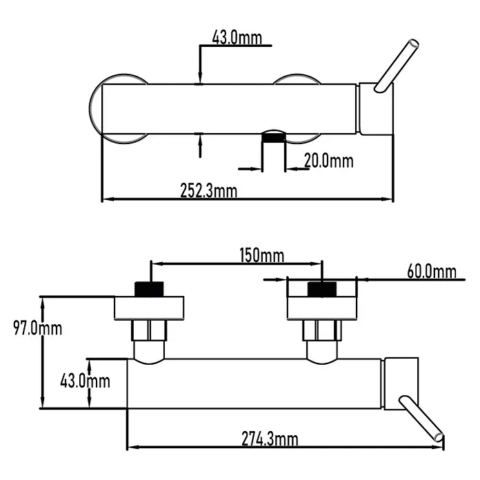 Universal de Grifería Loira Grifo monomando de ducha - Cromo, Resplandeciente - El dibujo muestra una vista detallada de un grifo con varias dimensiones para fines de instalación.