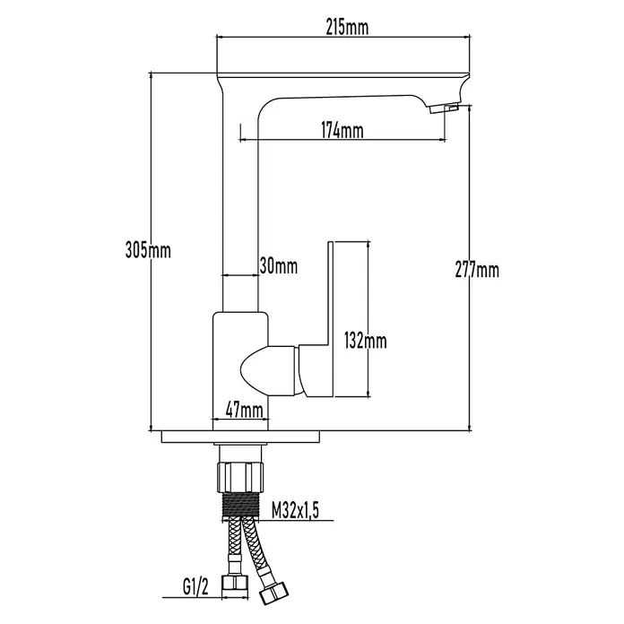 Universal de Grifería Kizu Grifo de cocina - Cromo, Brillante - Vista del producto: Diagrama esquemático del grifo con dimensiones, especificando detalles de instalación y medidas.