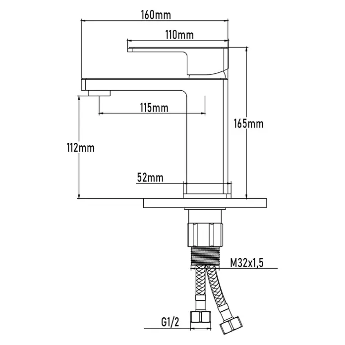 Universal de Grifería Yangtse Grifo de lavabo - Cromo, Brillante - Esquema de un grifo que muestra dimensiones como 160mm de ancho, 165mm de alto, 110mm de proyección y conexiones G1/2 para la planificación.