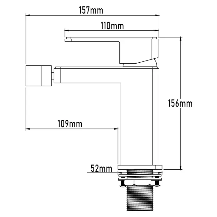 Universal de Grifería Yangtse Grifo monomando de bidé - Cromo, Resplandeciente - Dibujo técnico de un grifo de lavabo con dimensiones: 157 mm de ancho, 156 mm de alto y 109 mm de profundidad.