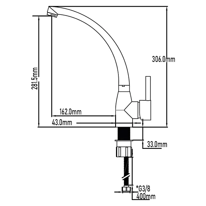 Universal de Grifería Grifo de cocina Tormes - Cromo, Brillante - Diagrama de un grifo de cocina con dimensiones detalladas, incluyendo altura y alcance.