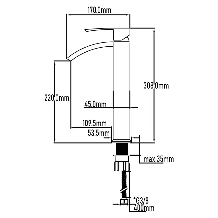 Universal de Grifería Obi Grifo de lavabo caño alto - Cromo, Brillante - Diagrama del diseño de un grifo que muestra altura, alcance y tamaños de rosca para la instalación.