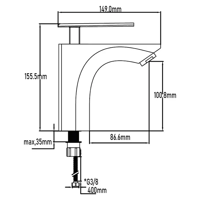 Universal de Grifería Amur Grifo de lavabo - Cromo, Brillante - Ilustración de un grifo con dimensiones, mostrando un diseño moderno con líneas limpias. El grifo es elegante y funcional.