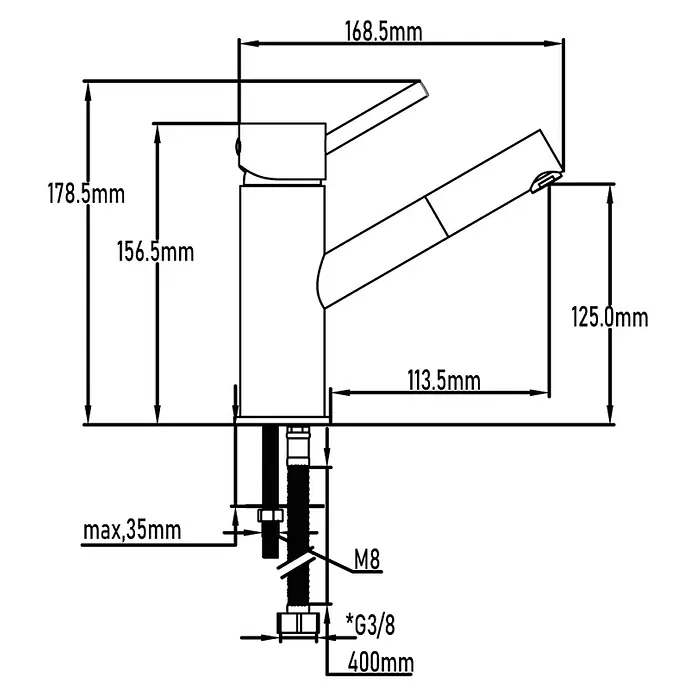 Universal de Grifería Loira Grifo de lavabo - Cromo, Brillante - Dibujo dimensionado de un grifo, que muestra la altura, el alcance del caño y los detalles de conexión. El esquema especifica las roscas M8 y G3/8.