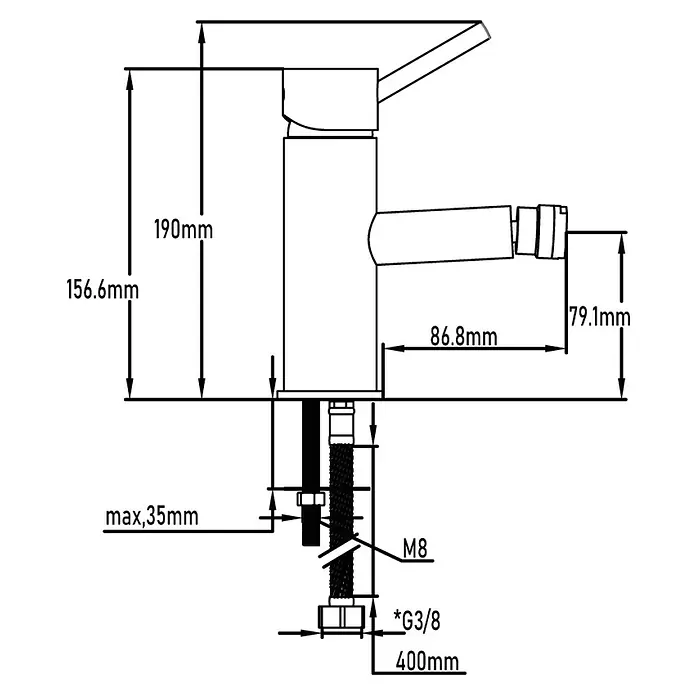 Universal de Grifería Loira Grifo monomando de bidé - Cromo, Resplandeciente - Diagrama de un grifo con dimensiones para la instalación. El esquema indica las dimensiones de altura, alcance y conexiones de agua.