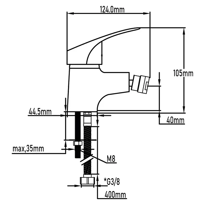 Universal de Grifería Han Grifo monomando de bidé - Cromo, Brillante - Diagrama de un grifo de lavabo, que incluye medidas de altura, alcance y conexiones de suministro de agua.