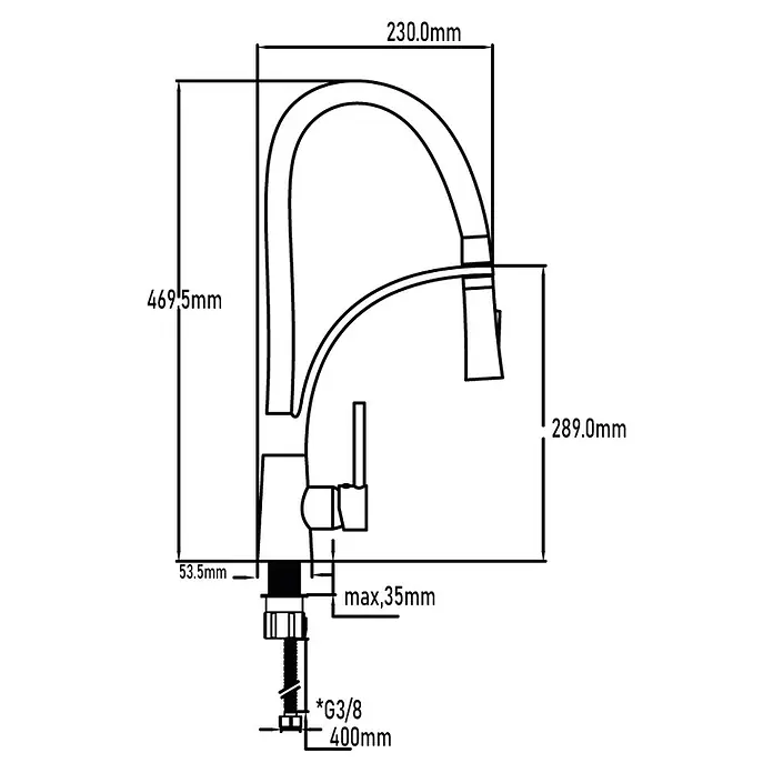 Universal de Grifería Grifo de cocina extensible Mulhacen - Cromo/Negro, Mate - Dibujo esquemático detallado de un grifo con medidas para el diseño y la instalación.