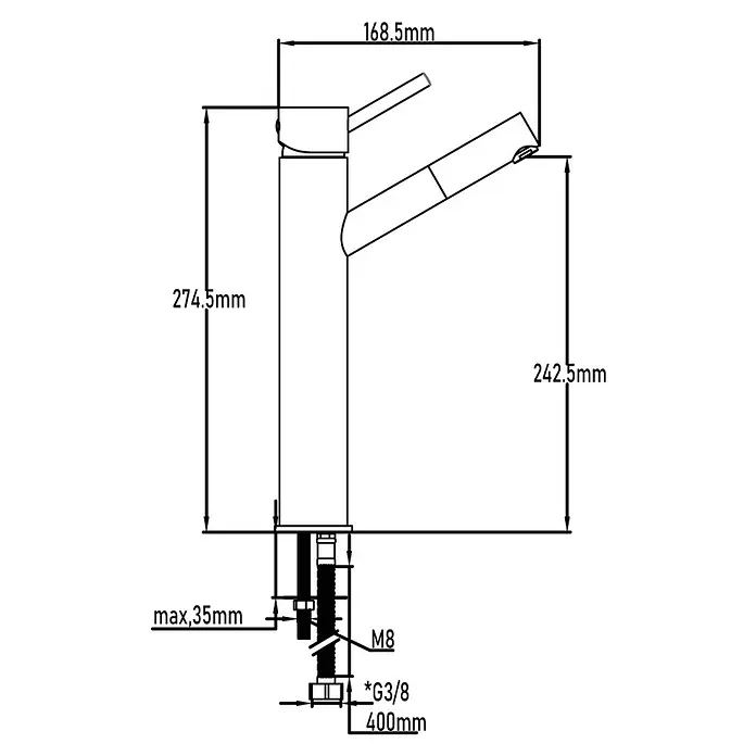 Universal de Grifería Loira Grifo de lavabo caño alto - Cromo, Brillante - Dibujo dimensionado de un grifo, con una altura de 274,5 mm, un alcance del caño de 168,5 mm y una altura al caño de 242,5 mm, destacando sus dimensiones.