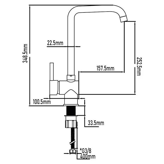 Universal de Grifería Grifo de cocina Terek - Cromo, Brillante - Dibujo técnico de un grifo de cocina con dimensiones. El producto es un grifo de fregadero.