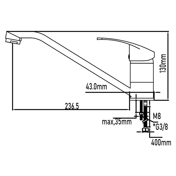 Universal de Grifería Grifo de cocina Indo - Cromo, Brillante - Un dibujo técnico de un grifo con dimensiones para la longitud, la altura y las conexiones para la instalación.