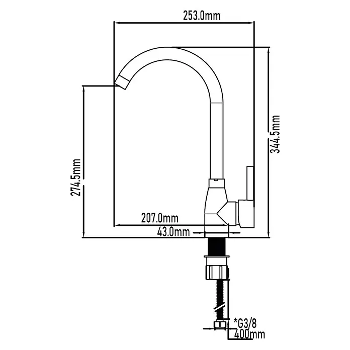 Universal de Grifería Grifo de cocina Type - Cromo, Brillante - Dibujo técnico de un grifo de agua con dimensiones. El dibujo muestra las dimensiones del grifo en milímetros.