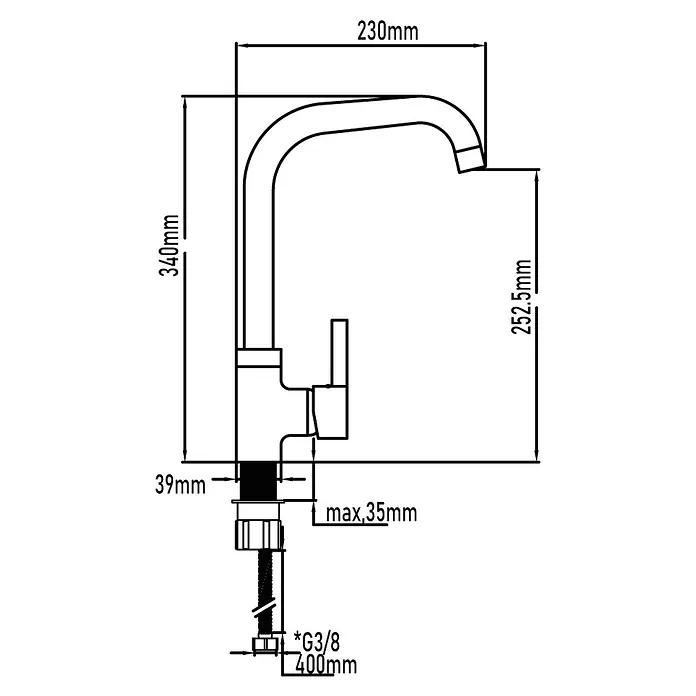 Universal de Grifería Grifo de cocina Miño - Cromo, Brillante - Diagrama técnico de un grifo de cocina con medidas precisas. El grifo se muestra en detalle, con altura y alcance.