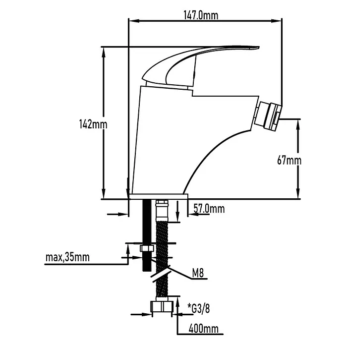 Universal de Grifería Tamesis Grifo monomando de bidé - Cromo, Brillante - Dibujo técnico de un grifo con dimensiones, incluyendo altura de 142mm y anchura de 147mm, para una planificación detallada de la instalación.