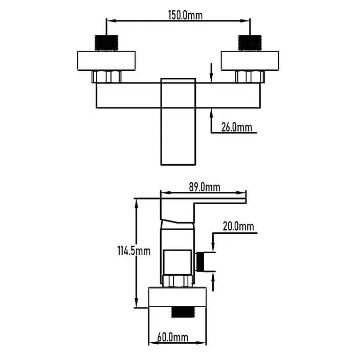 Universal de Grifería Amazonas Grifo monomando de ducha - Negro, Mate - Dibujo técnico de un dispositivo con dimensiones para varios componentes y distancias.