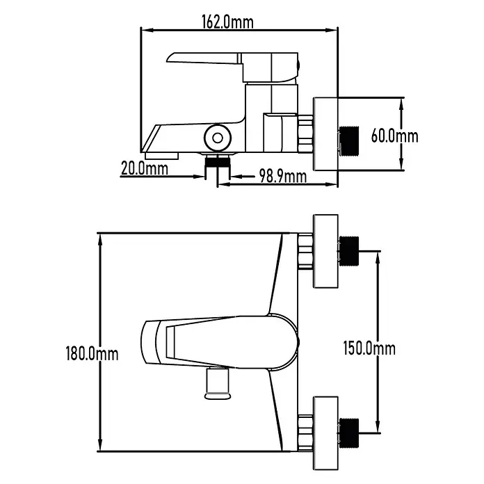 Universal de Grifería Sil Grifo monomando de bañera - Cromo, Brillante - Dibujo técnico de un mezclador de ducha con dimensiones.