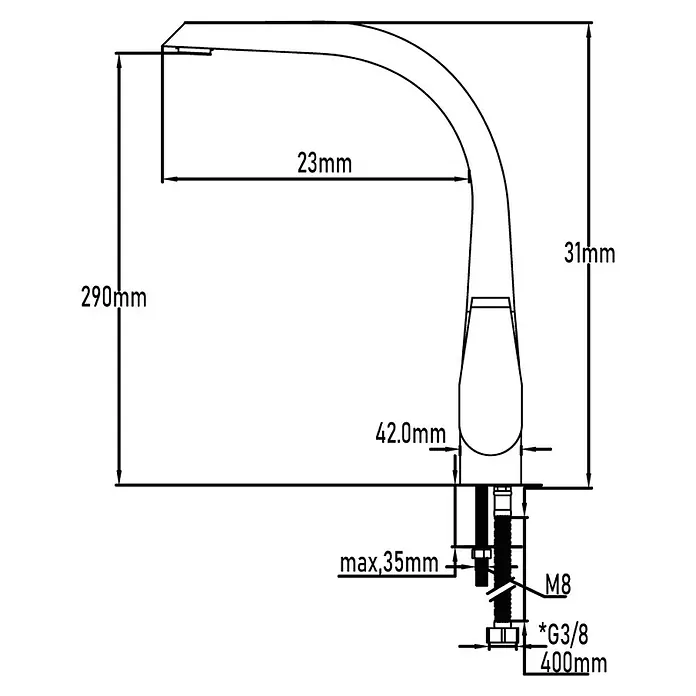 Universal de Grifería Sil Grifo de cocina - Cromo, Brillante - Dibujo técnico de un grifo con dimensiones tales como 290 mm de altura y 23 mm de alcance del caño. También se especifican detalles para las conexiones M8 y G3/8.
