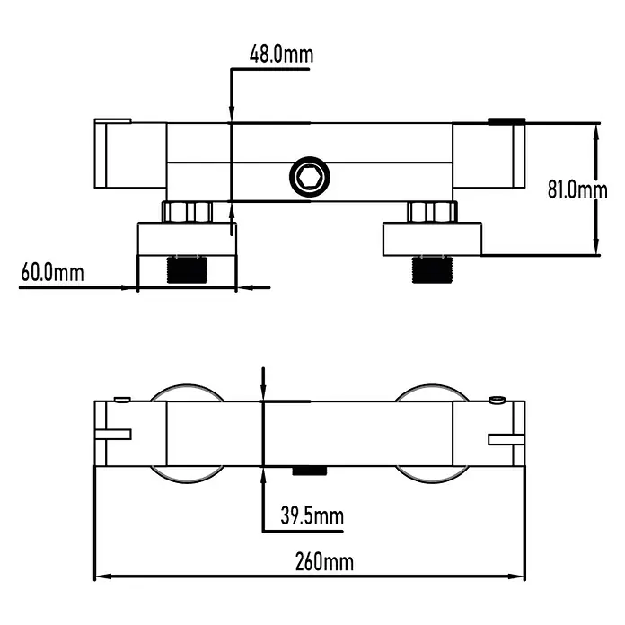 Universal de Grifería New Design Grifo con termostato - Ancho: 26 cm, Cromo, Resplandeciente - Dibujo técnico de un producto que muestra especificaciones dimensionales y detalles de diseño.