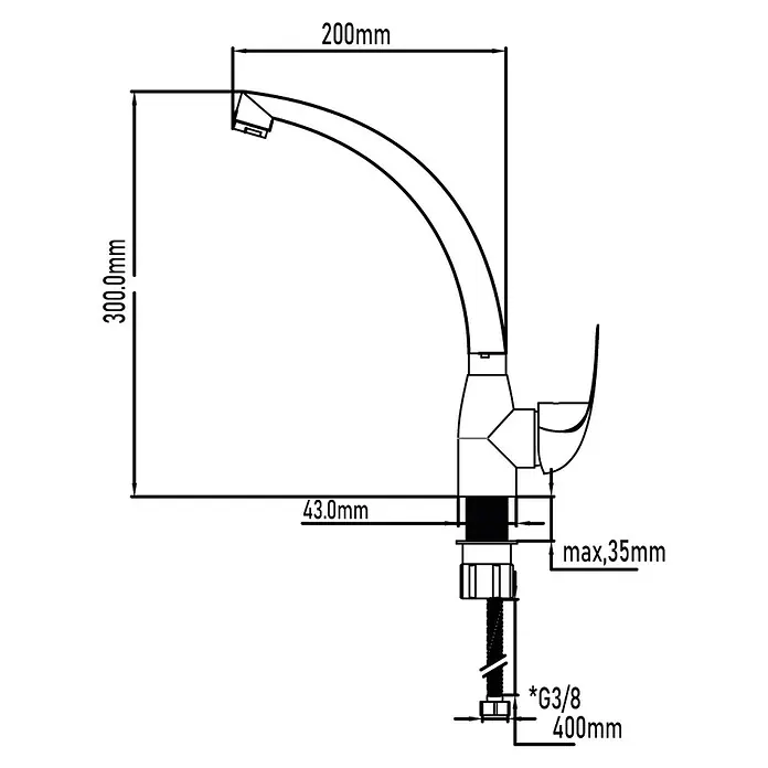 Universal de Grifería Grifo de cocina Caño Fundido - Cromo, Brillante - Dibujo técnico de un grifo con dimensiones, incluyendo altura, alcance del caño y tamaño de la rosca.
