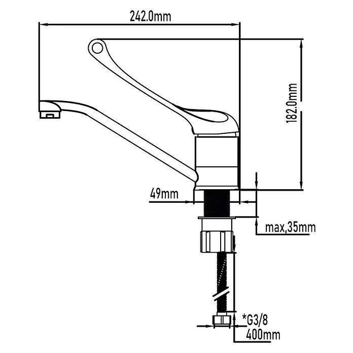 Universal de Grifería Grifo de cocina con maneta médica Indo - Cromo, Brillante - Dibujo técnico de un grifo con dimensiones. El esquema proporciona detalles sobre las dimensiones y las conexiones del grifo.