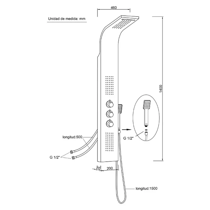 Universal de Grifería Panel de ducha de hidromasaje A-7304 - Altura: 140 cm, Con grifo termostático, Blanco - Diagrama de una columna de ducha con medidas para ilustrar las dimensiones del producto y la instalación.