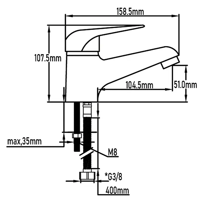 Universal de Grifería Nilo Grifo de lavabo - Cromo, Brillante - Dibujo técnico de un grifo con dimensiones.