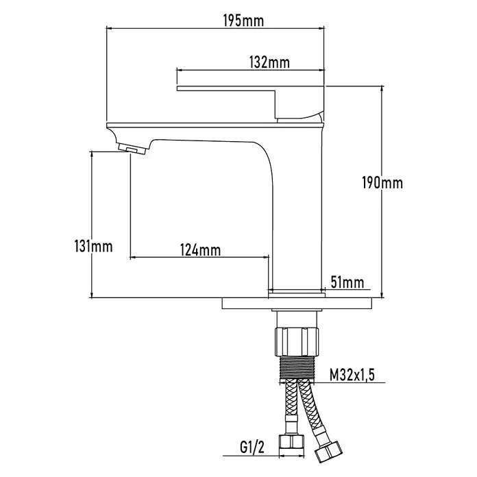 Universal de Grifería Kizu Grifo de lavabo - Cromo, Brillante - Dibujo esquemático de un grifo con dimensiones que indican las medidas exactas y los tamaños de rosca.
