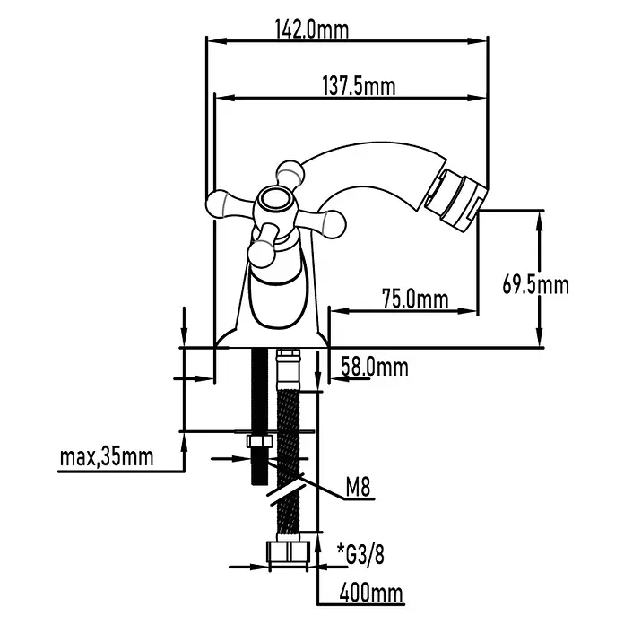 Universal de Grifería Classica Grifo bimando de bidé - Bronce, Mate - Diagrama de un grifo que muestra sus dimensiones y diversas medidas, resaltando especificaciones detalladas del grifo.