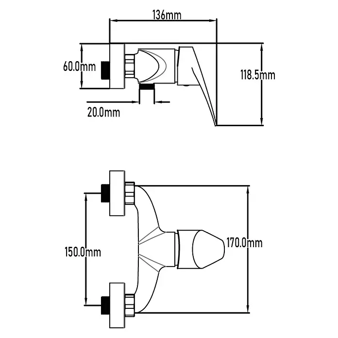 Universal de Grifería Han Grifo monomando de ducha - Cromo, Brillante - Croquis del producto de un grifo con dimensiones de 136 mm de longitud y 118,5 mm de altura, representado en un dibujo técnico.