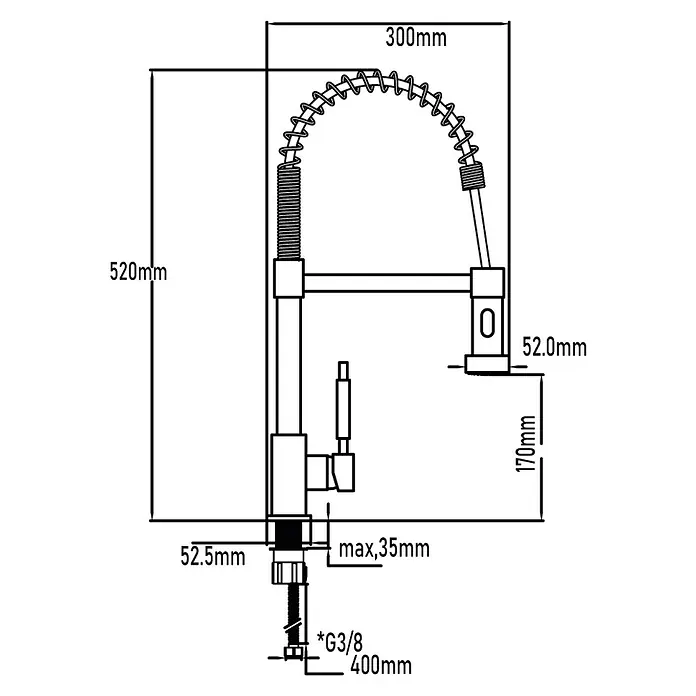 Universal de Grifería Grifo de cocina extensible Industrial - Cromo, Brillante - Dibujo técnico de un grifo de cocina con rociador flexible y dimensiones de 520 mm de altura y 300 mm de ancho.