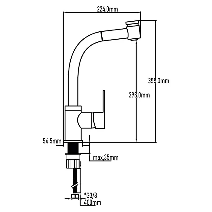 Universal de Grifería Grifo de cocina extraible Atalaya - Cromo, Satinado - Dibujo esquemático detallado de un grifo de cocina con dimensiones, incluyendo altura, alcance y detalles de conexión.