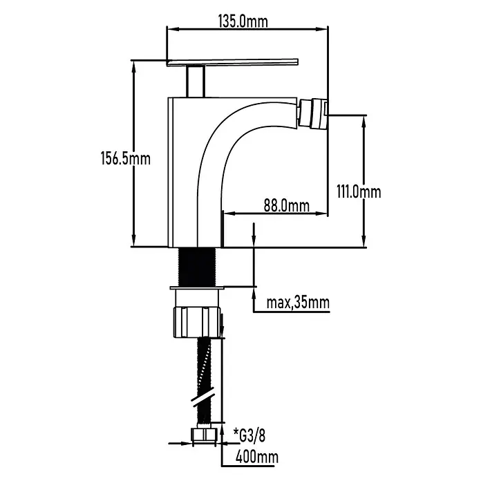 Universal de Grifería Amur Grifo monomando de bidé - Cromo, Brillante - Diagrama de un modelo de grifo con dimensiones, ideal para la planificación sanitaria e instalaciones.