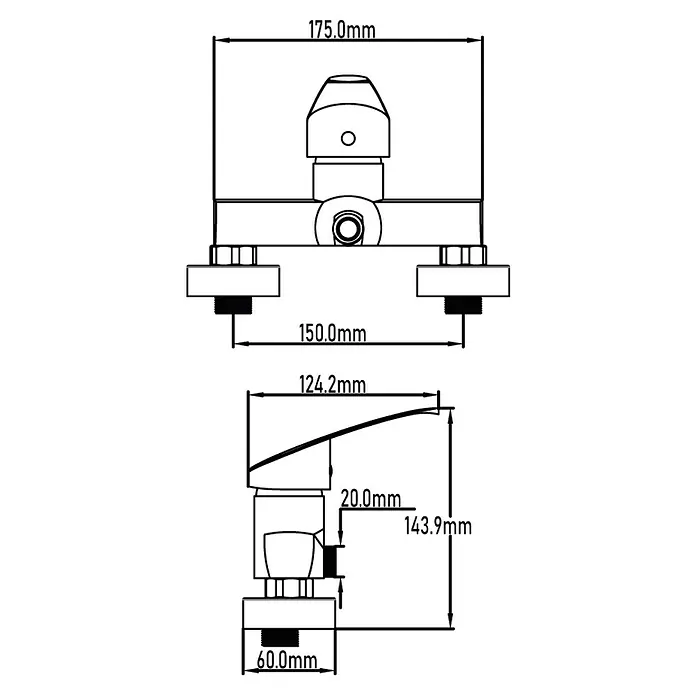 Universal de Grifería Murray Grifo monomando de ducha - Cromo, Brillante - Dibujo técnico de un grifo con dimensiones, mostrando detalles sobre las medidas y la construcción del grifo.