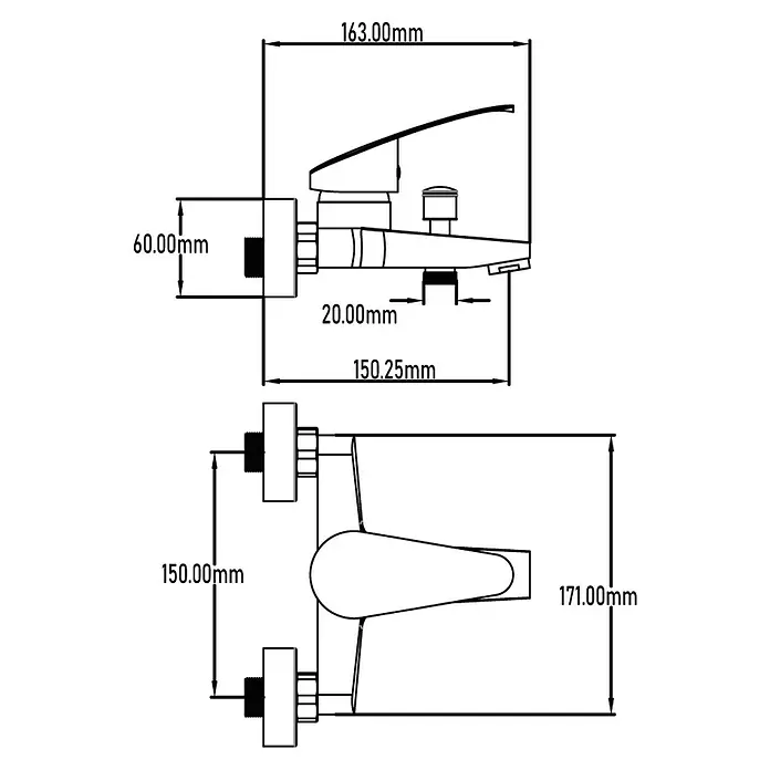 Universal de Grifería Murray Grifo monomando de bañera - Cromo, Brillante - Diagrama detallado que muestra las dimensiones exactas para instalar el grifo.