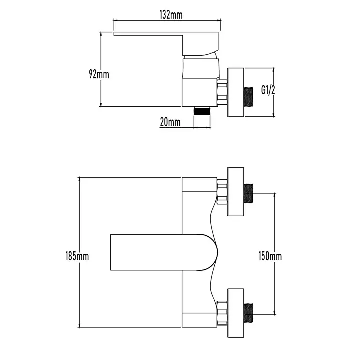 Universal de Grifería Kizu Grifo monomando de ducha - Cromo, Brillante - Dibujo técnico del grifo con dimensiones, detallando características como la longitud de 132 mm y la conexión G1/2.