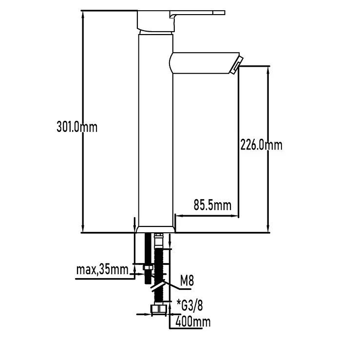 Universal de Grifería Ganges Grifo de lavabo alto - Cromo, Brillante - Imagen del producto de un grifo con dimensiones para altura (301 mm), alcance del caño (226 mm) y montaje (máx. 35 mm).