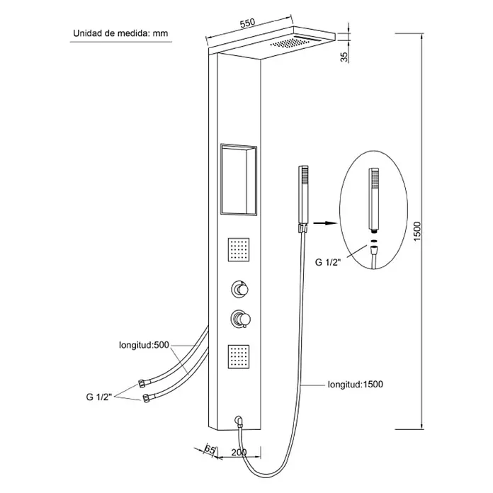 Universal de Grifería Panel de ducha de hidromasaje A-851 - Altura: 150 cm, Con grifo monomando, Negro - Diagrama de una columna de ducha con dimensiones de longitud, altura y conexiones. Perfecto para la planificación del baño.