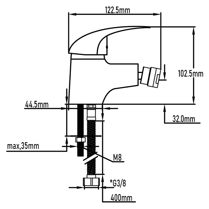 Universal de Grifería Rin Grifo monomando de bidé - Cromo, Brillante - Dibujo técnico de un grifo con dimensiones como 122.5mm de ancho y 102.5mm de altura, incluyendo información de instalación.