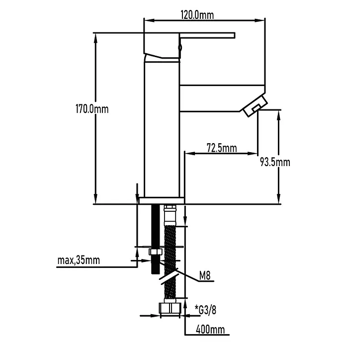 Universal de Grifería Amazonas Grifo de lavabo - Cromo, Brillante - Dibujo técnico de un grifo con dimensiones detalladas. Ideal para la planificación e instalación del baño, incluyendo altura, anchura y conexiones.